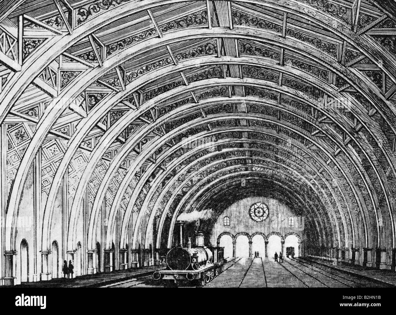 Géographie / voyages, Allemagne, Bavière, Munich, transport / transport, chemin de fer, gare centrale, vue intérieure, hall ferroviaire, gravure en bois, vers 1845, Banque D'Images