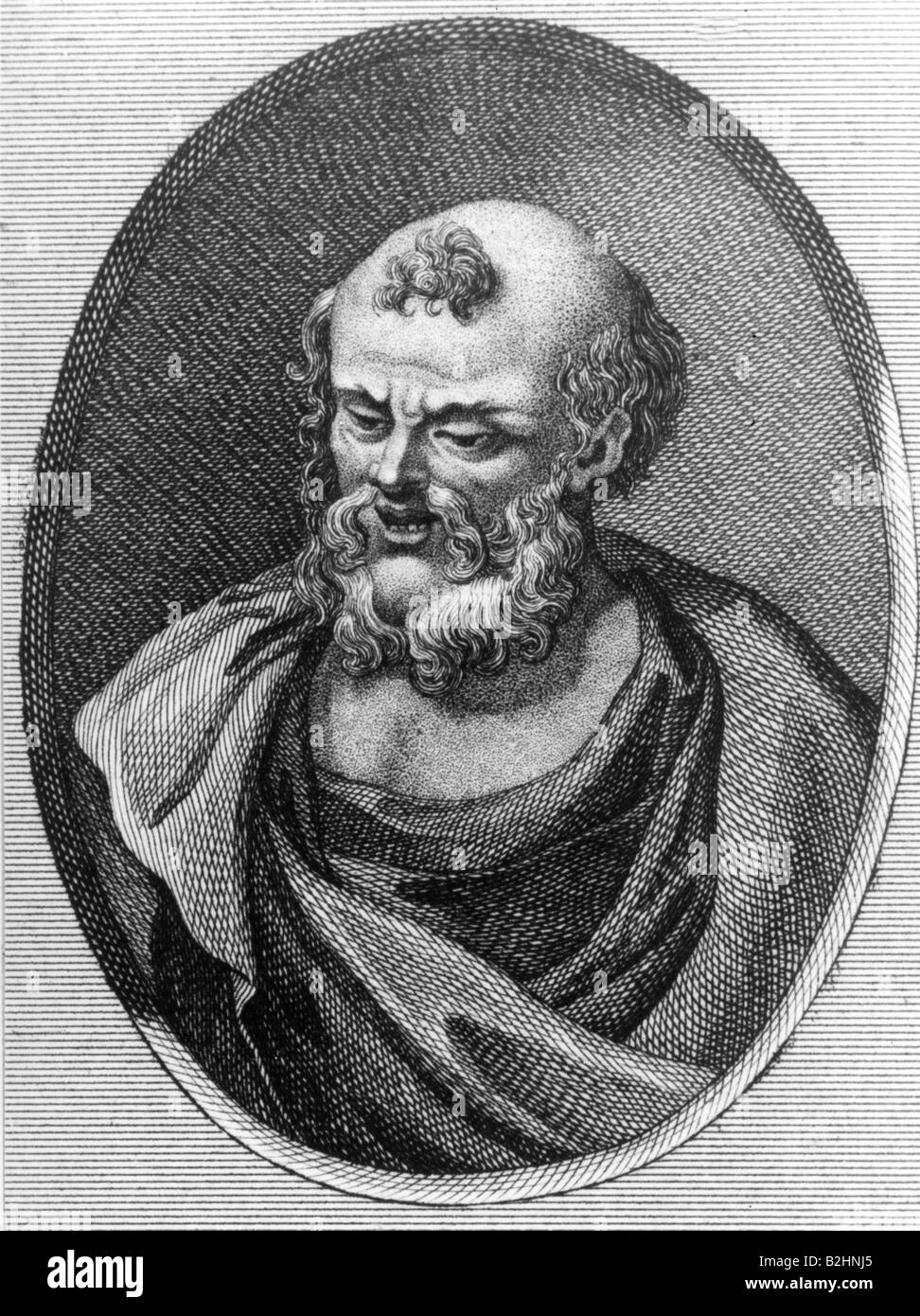 De Démocrite Abdera, vers 465 - 365 avant J.-C., philosophe grec, portrait, gravure sur cuivre, après buste, 3e siècle, l'artiste n'a pas d'auteur pour être effacé Banque D'Images