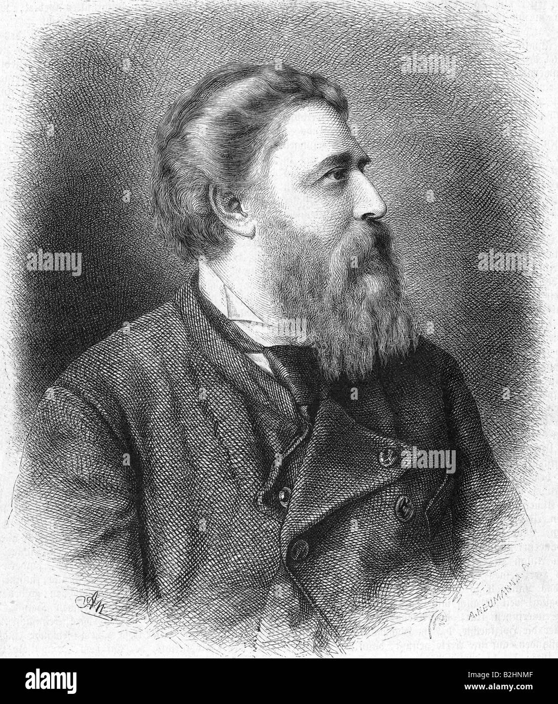 Stieler, Karl, 15.12.1842 - 12.4.1885, auteur/écrivain allemand, portrait, face latérale, gravure d'Adolf Neumann après photographie de Max Fackler, Tegernsee, 19ème siècle, , Banque D'Images