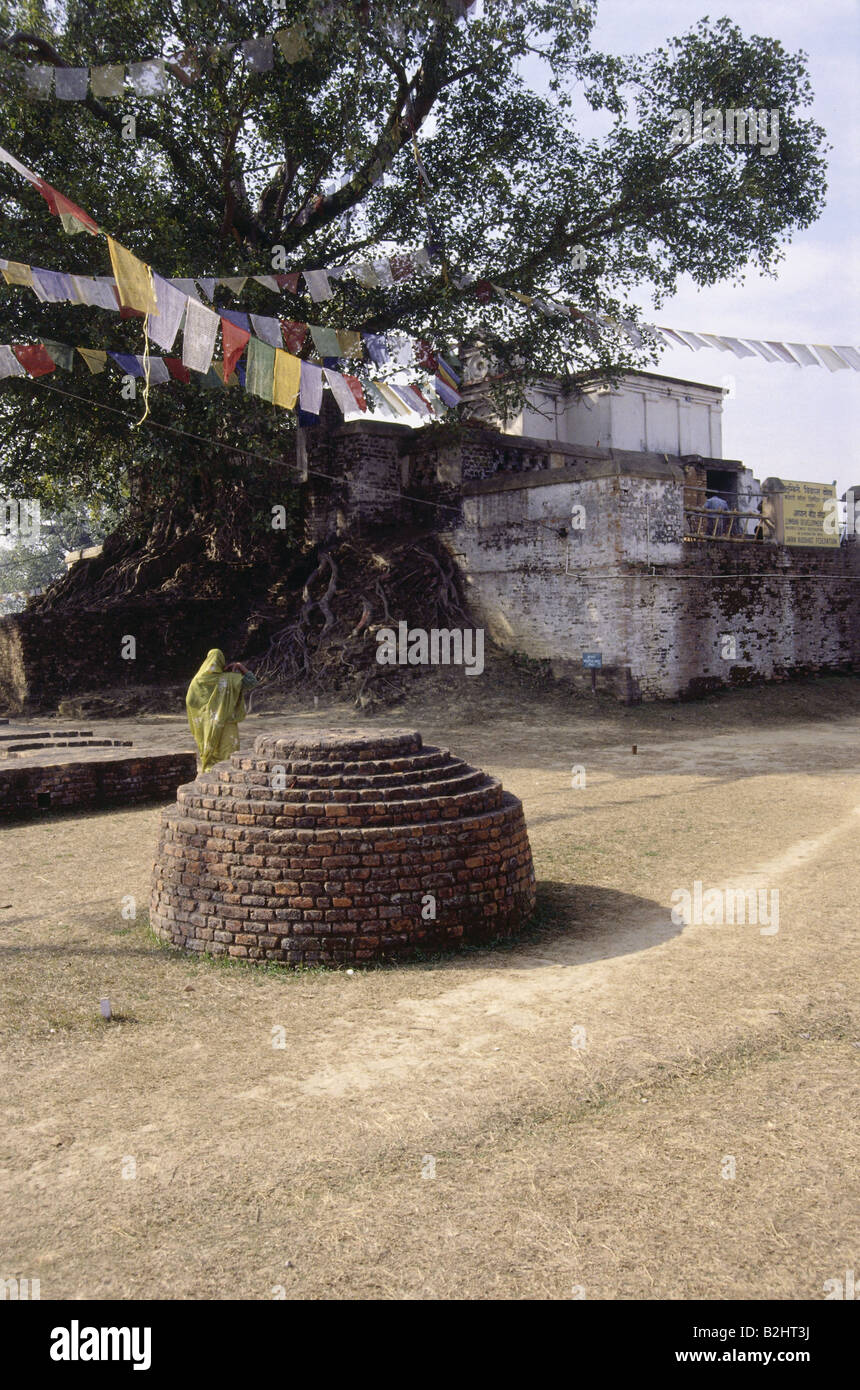 Bouddha, Prince Siddhartha, Gautama, fondateur d'une religion, priant des drapeaux sur Lumbini, Népal, , Banque D'Images