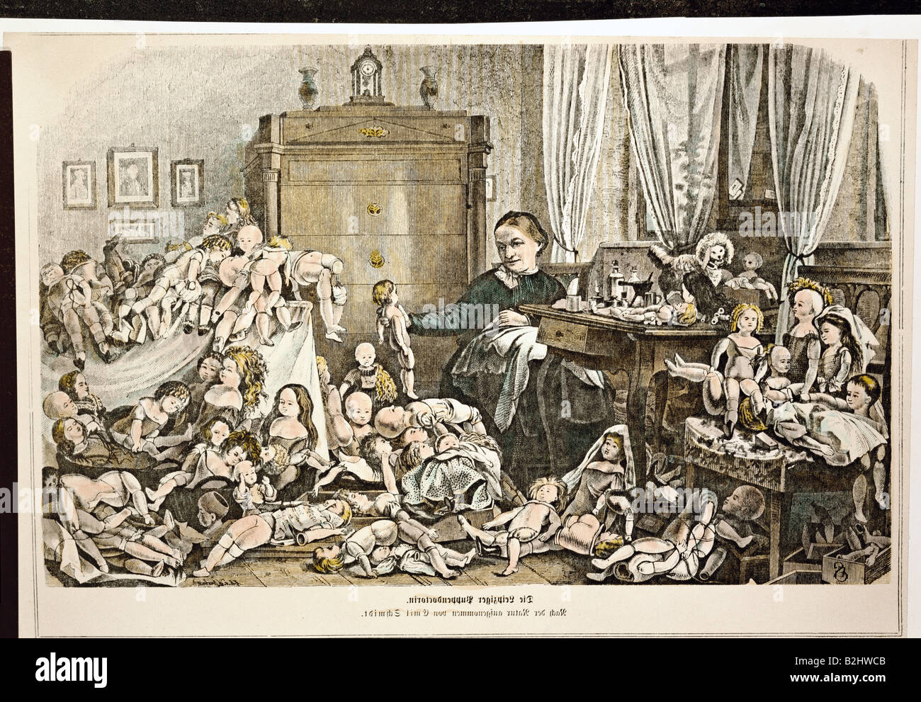 Jouets, poupées, graphiques, 'nie Leipziger Puppendoctorin' (le médecin de la poupée de Leipzig), gravure en bois, coloré, par Emil Schmidt, du magazine 'nie Gartenlaube' (Le tonneau), Allemagne, 1871, collection privée, Banque D'Images