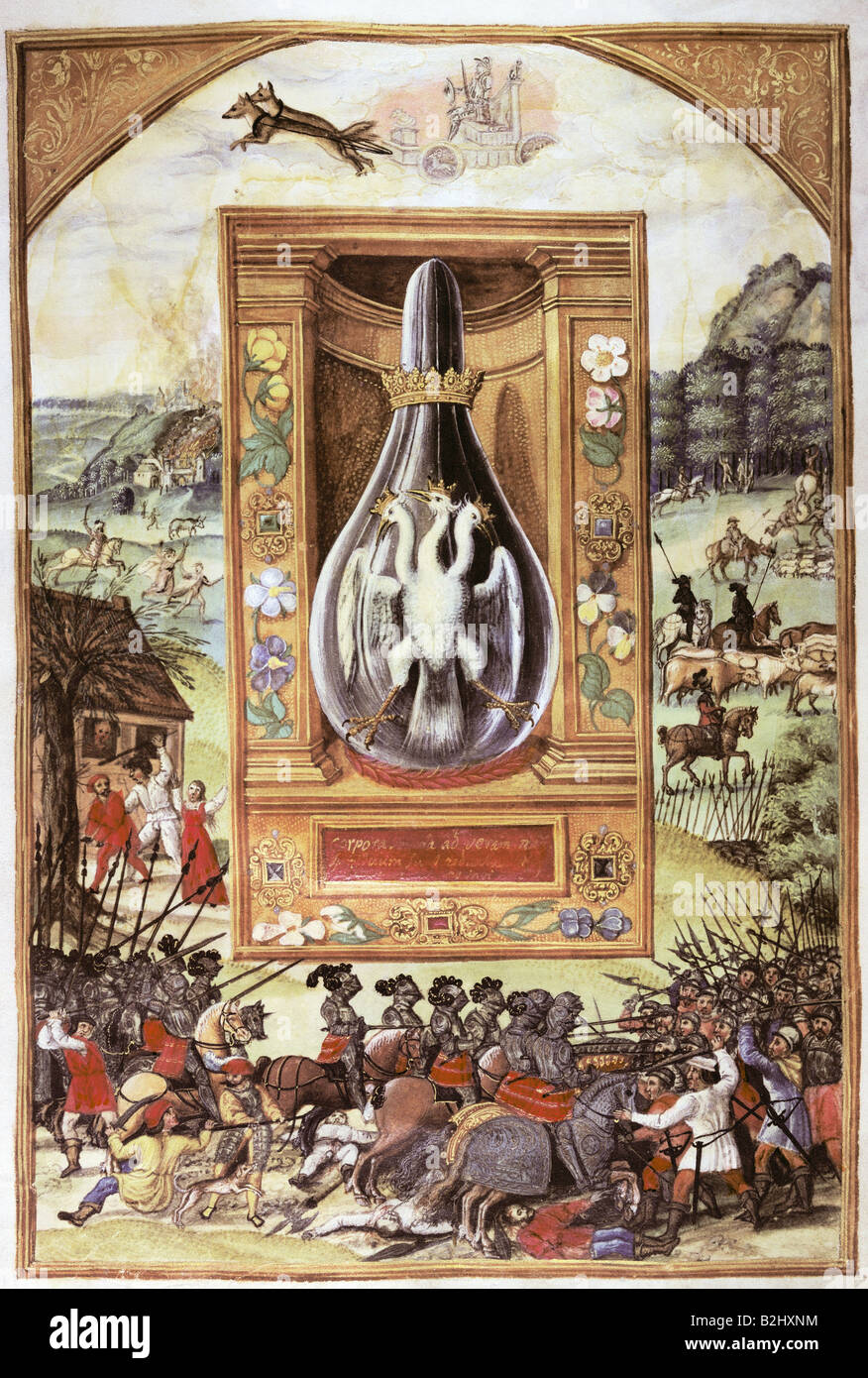 Alchimie, allégorie, flacon avec heron à trois têtes, miniature, 'Splendor Solis', Augsburg, vers 1600, Germanisches Nationalmuseum, Nuremberg, , Banque D'Images