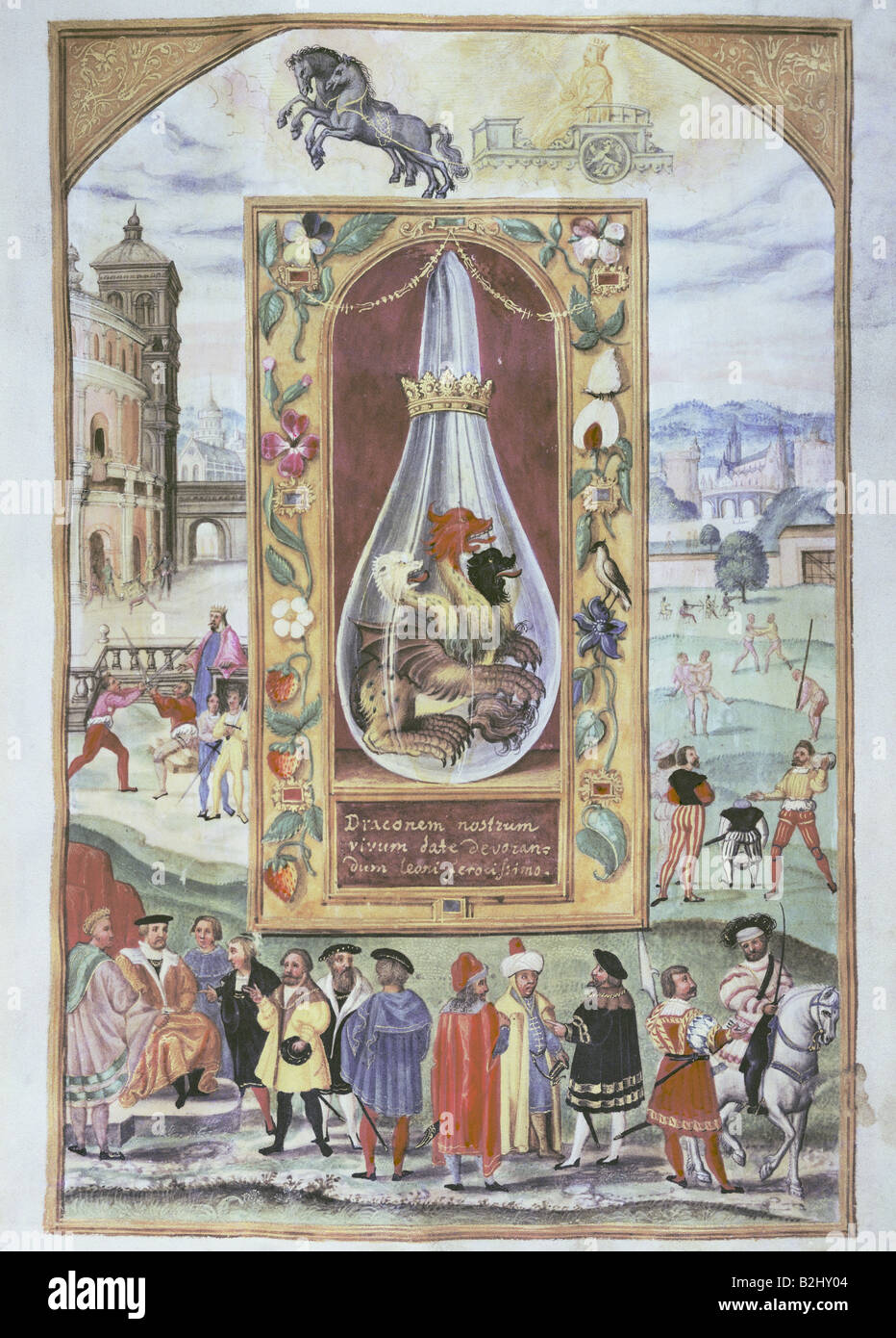 Alchimie, allégorie, flacon à trois têtes de dragon, miniature, 'Splendor Solis', Augsburg, vers 1600, Germanisches Nationalmuseum, Nuremberg, Banque D'Images