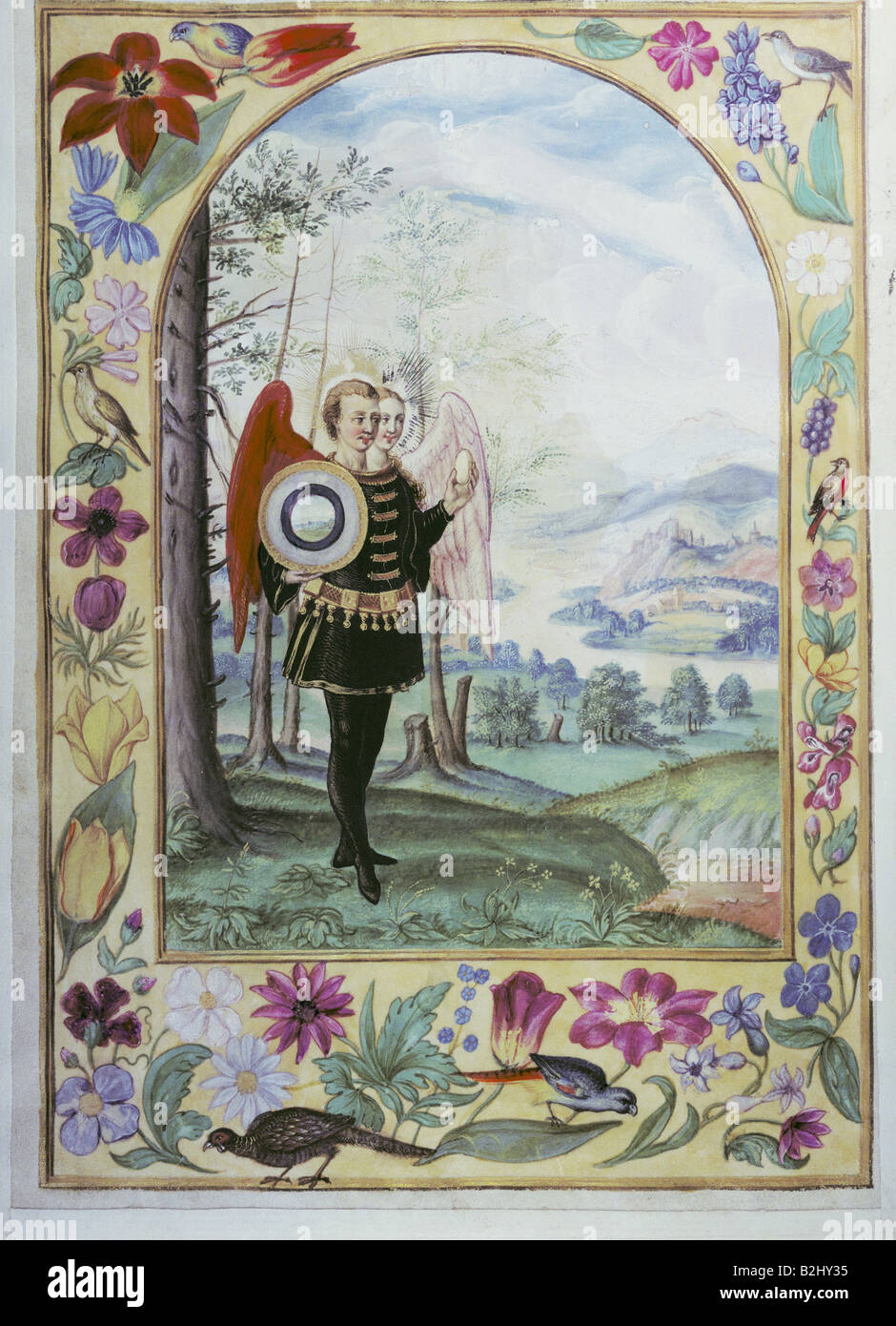 Alchimie, allégorie, Hermaphrodite avec oeuf et les quatre éléments, miniature, 'Splendor Solis', Augsbourg, vers 1600, Germanisches Nationalmuseum, Nuremberg, , Banque D'Images