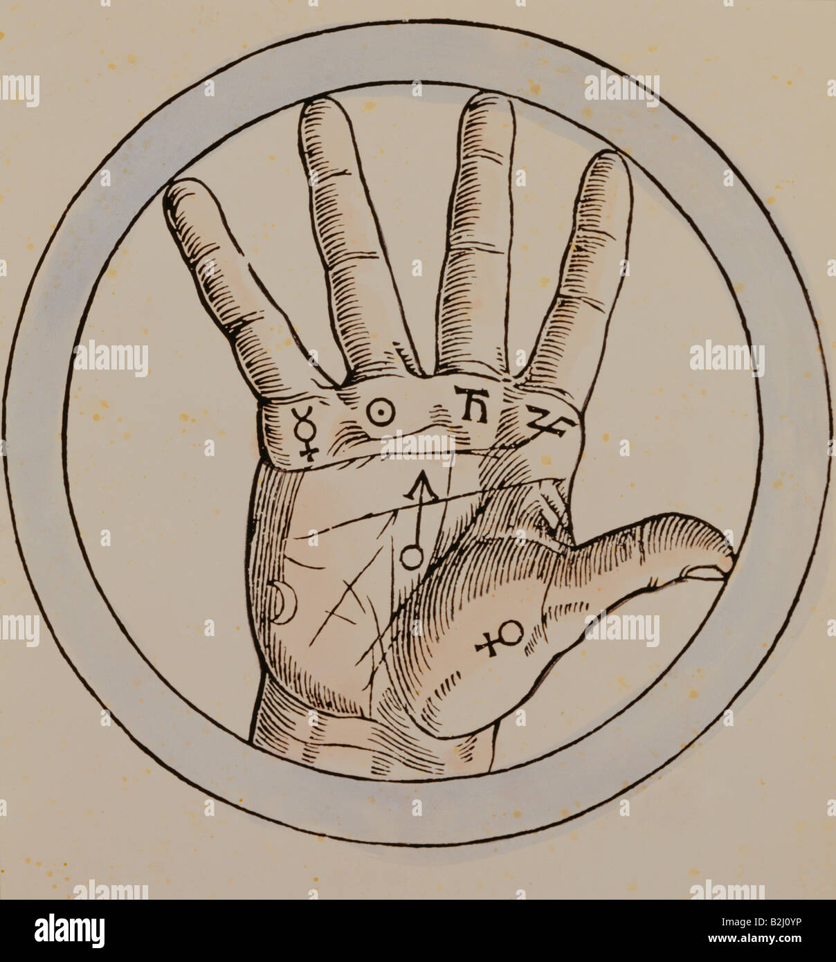 Superstition, la chiromancy, la main comme analogie microcosmique avec les planètes, par Agrippa von Nettelsheim (1486 - 1535), coupe de bois, colorée, vers 1520, Banque D'Images