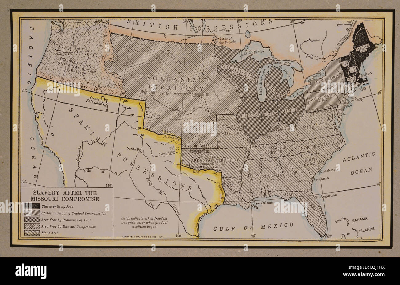 Cartographie, carte, Amérique du Nord, Etats-Unis, propagation de l'esclavage après le compromis du Missouri (1820), carte de , Banque D'Images