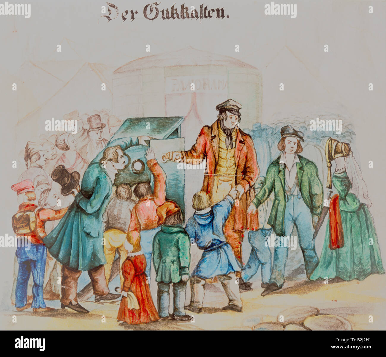 Les gens, les loisirs, le graphique, 'de Guckkasten' (le spectacle de raree), lithographie, colorée, Allemagne, vers 1850, Banque D'Images