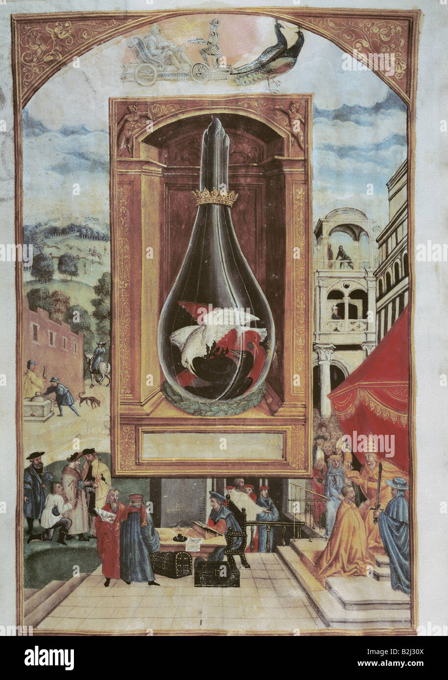 Alchimie, allégorie, flacon avec corbeaux, miniature, 'Splendor Solis', Augsburg, vers 1600, Germanisches Nationalmuseum, Nuremberg, Banque D'Images