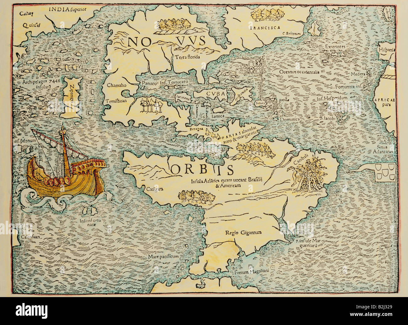 Cartographie, cartes, Amérique du Sud et du Nord, Atlantique, Pacifique, océan, carte, XVIe siècle, navire, Caraïbes, géographie, Banque D'Images