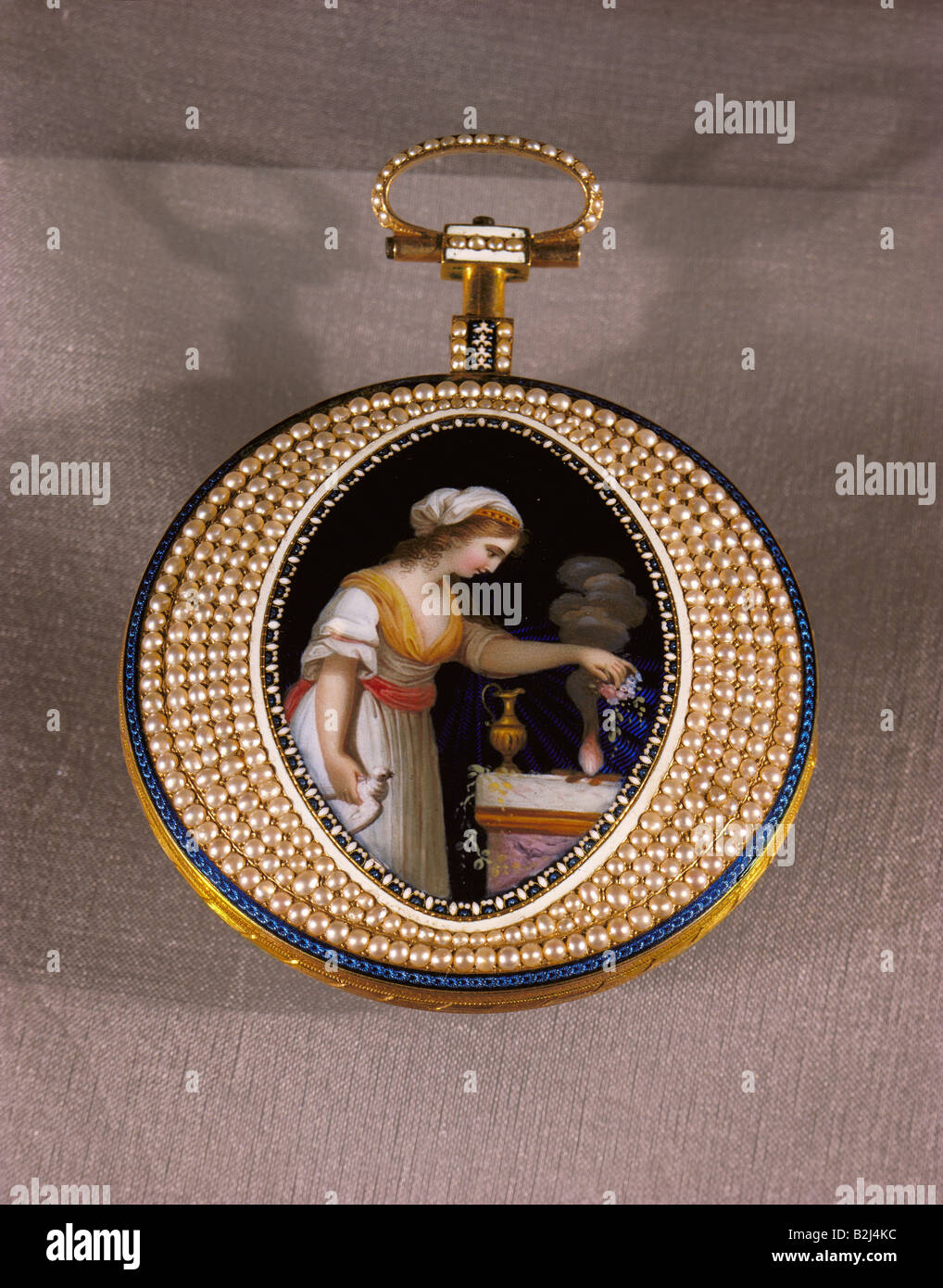 Horloges, montres de poche, montre de poche, par Leonard Bordier, peinture émail, perles, diamètre 5,8 cm, Genève, Suisse, fin du XVIIIe siècle, Musée national bavarois, Munich, miniature, fille, sacrifiant, sur autel, amitié, beaux-arts, historique, historique, Banque D'Images