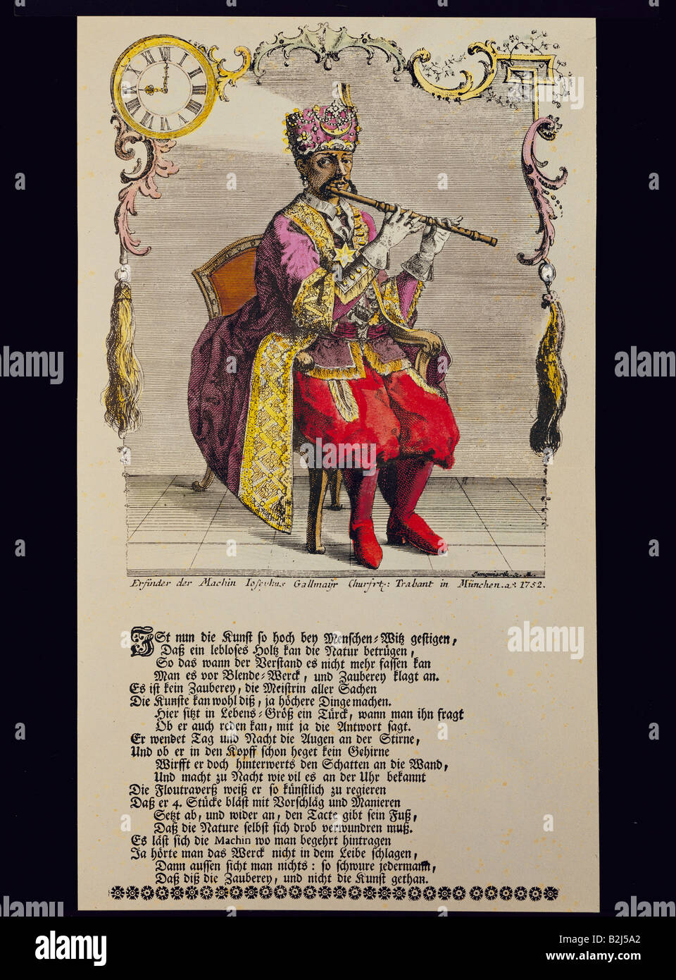 La musique, encore de l'automatisation, technicss, Turk jouant de la flûte, construit par Joseph Gallmayr (1717 - 1790), gravure sur cuivre de couleur, Munich, 1752, copyright de l'artiste n'a pas à être effacée Banque D'Images