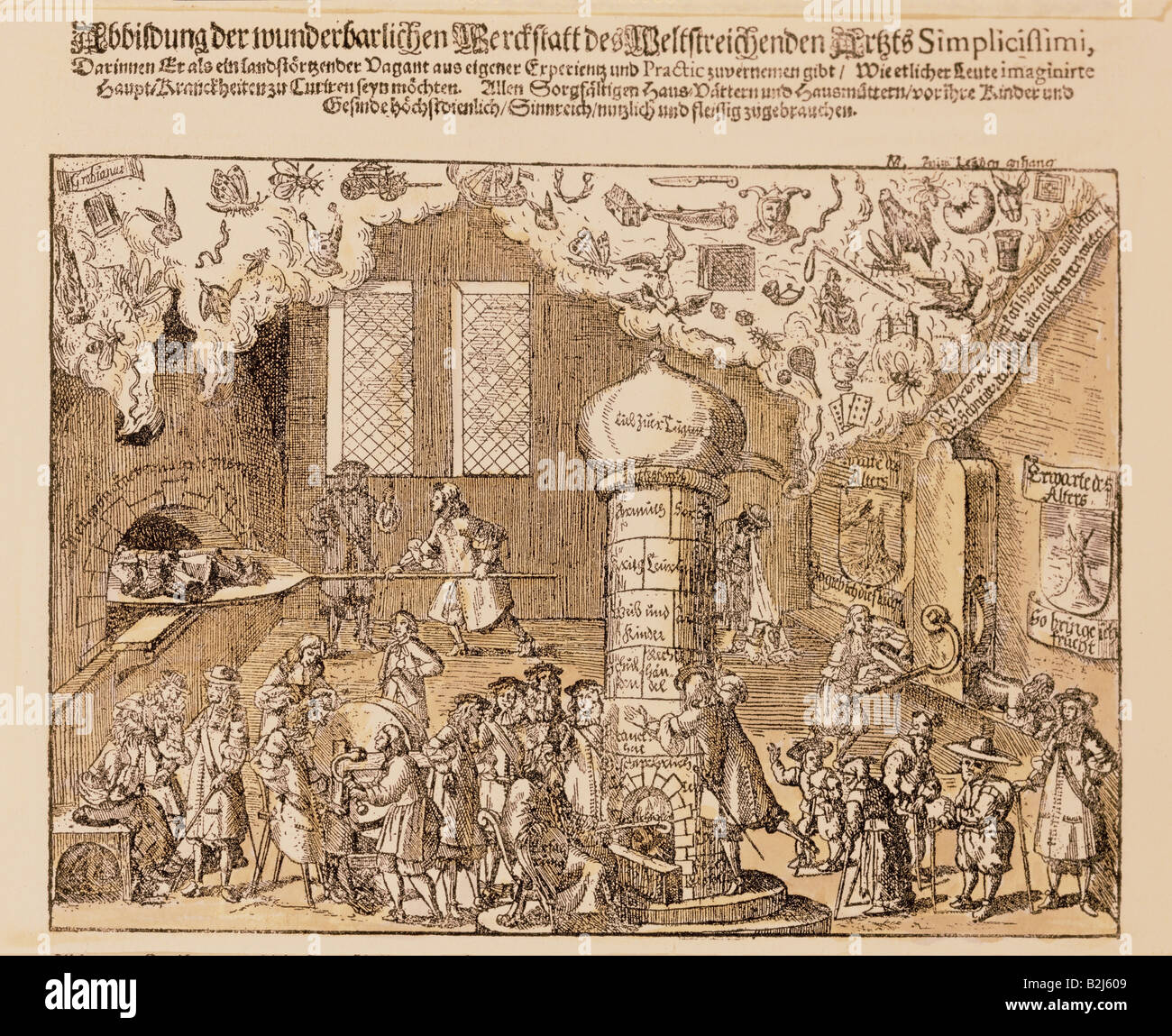 La médecine, le traitement, le laboratoire du médecin miraculeux Simplicissimi satirique, gravure sur cuivre, l'Allemagne, 17e siècle, collection privée, , n'a pas d'auteur de l'artiste pour être effacé Banque D'Images