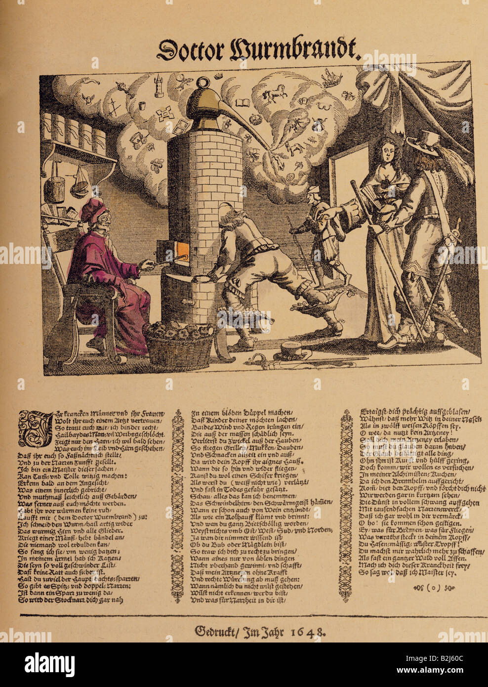 Médecine, traitement, quack Doctor Wurmbrand détillant un idiot, caricature, leaflet, Augsburg, 1648, Banque D'Images