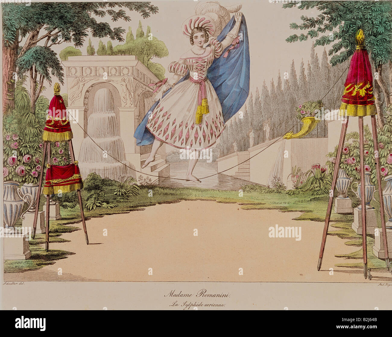 Cirque, acrobatie, thightrope marche, acrobat sur la corde de couleur, gravure sur cuivre par Andreas Geiger, théâtre magazine 'Scenen aus Wien', Vienne, vers 1840, collection privée, l'artiste n'a pas d'auteur pour être effacé Banque D'Images