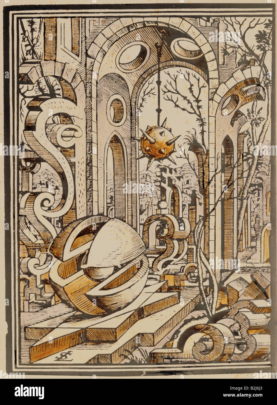 La science, la géométrie, paysage géométrique, gravure sur cuivre, "Geometria et Perspectiva' par Lorenz Stoer, Augsbourg, 1567, collection privée, , n'a pas d'auteur de l'artiste pour être effacé Banque D'Images