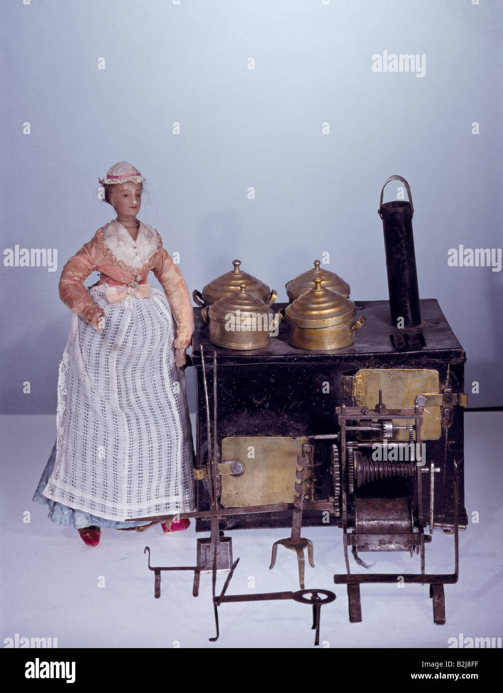 Jouets, poupées, maison de poupées, cuisine, cuisinière, tôle et laiton, Nuremberg, vers 1790/1795, Banque D'Images