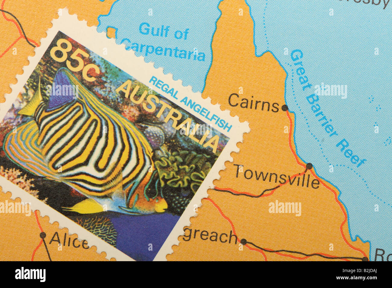 Timbre Australie Australian avec poissons tropicaux et carte montrant le Queensland et la Grande Barrière de Corail Banque D'Images