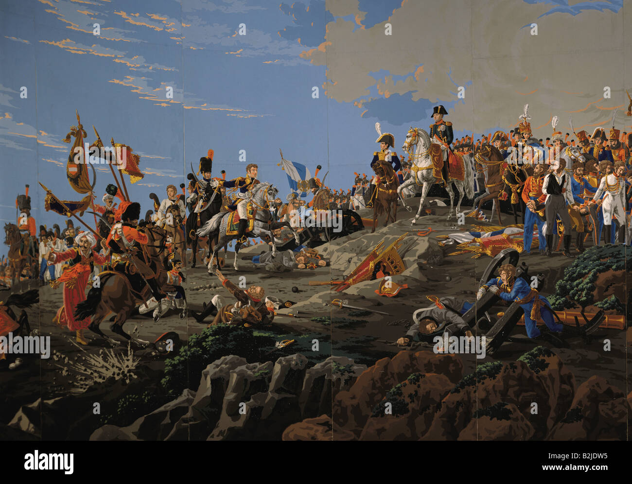 Événements, guerre de la troisième coalition 1805, Bataille d'Austerlitz, 2.12.1805, général Jean Rapp apportant l'empereur Napoléon I l'actualité de la victoire, du papier peint, de la peinture, Jourdan et Villard, 1814, section, Deutsches Tapetenmuseum, Kassel, guerres napoléoniennes, Slavkov u Brna, Tchéquie, Moravie, Bonaparte, France, soldats, beaux-arts historiques, XIXe siècle, France, France Banque D'Images