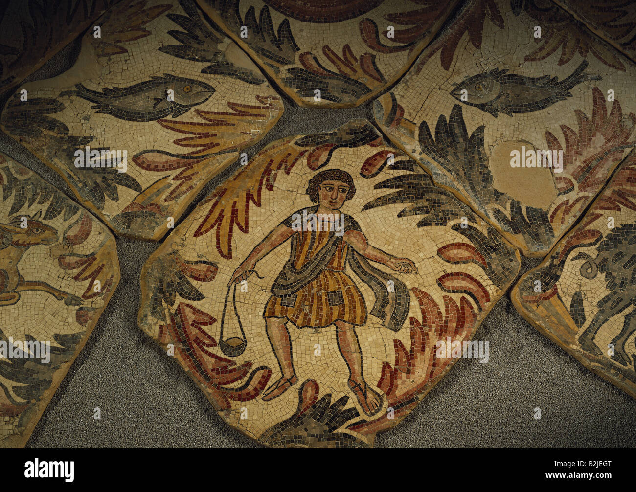 Beaux-arts, Moyen-Âge, la Jordanie, mosaïque, berger avec slingshot, chapelle du prêtre Jean, Khirbet Al-Mukhayyat Nebo-Kh 562, Montage, Al-Mukhayyat Auteur du Musée, l'artiste n'a pas à être effacée Banque D'Images