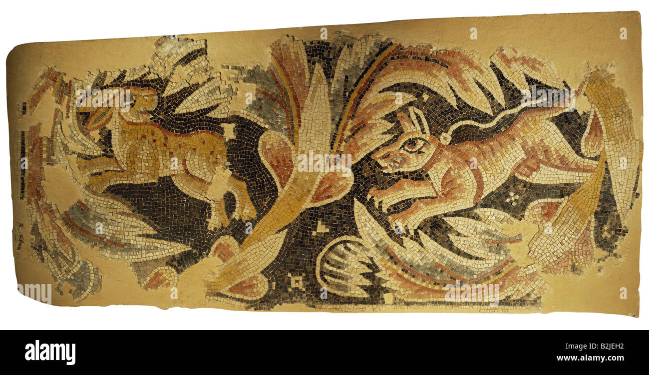 Beaux-arts, Moyen-Âge, la Jordanie, mosaïque, le lièvre sont pourchassés par chien, église de Massuh près de Madaba, 2e moitié du 6e siècle, le Mont Nebo-Kh al-Mukhayyat, Musée de l'artiste n'a pas d'auteur pour être effacé Banque D'Images
