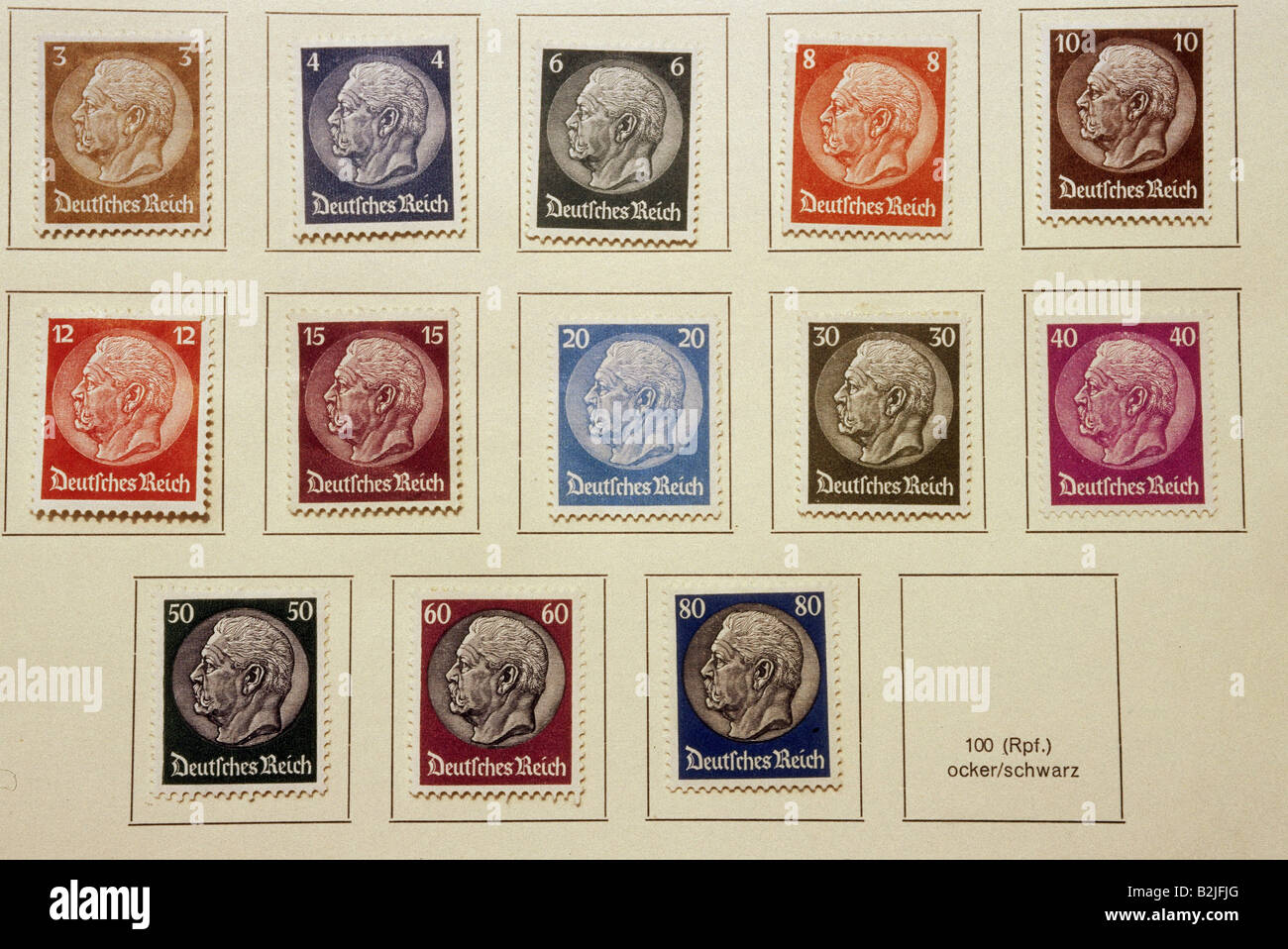 Mail/poste, timbres, Allemagne, Reich allemand, jeu incomplet Paul von Hindenburg, 1933/1934, 3, 4, 6, 8, 10, 12, 15, 20, 30, 40, 50, 60, 80, Pfennig, troisième Reich, XXe siècle, historique, cachet, peuple, 1930, Banque D'Images