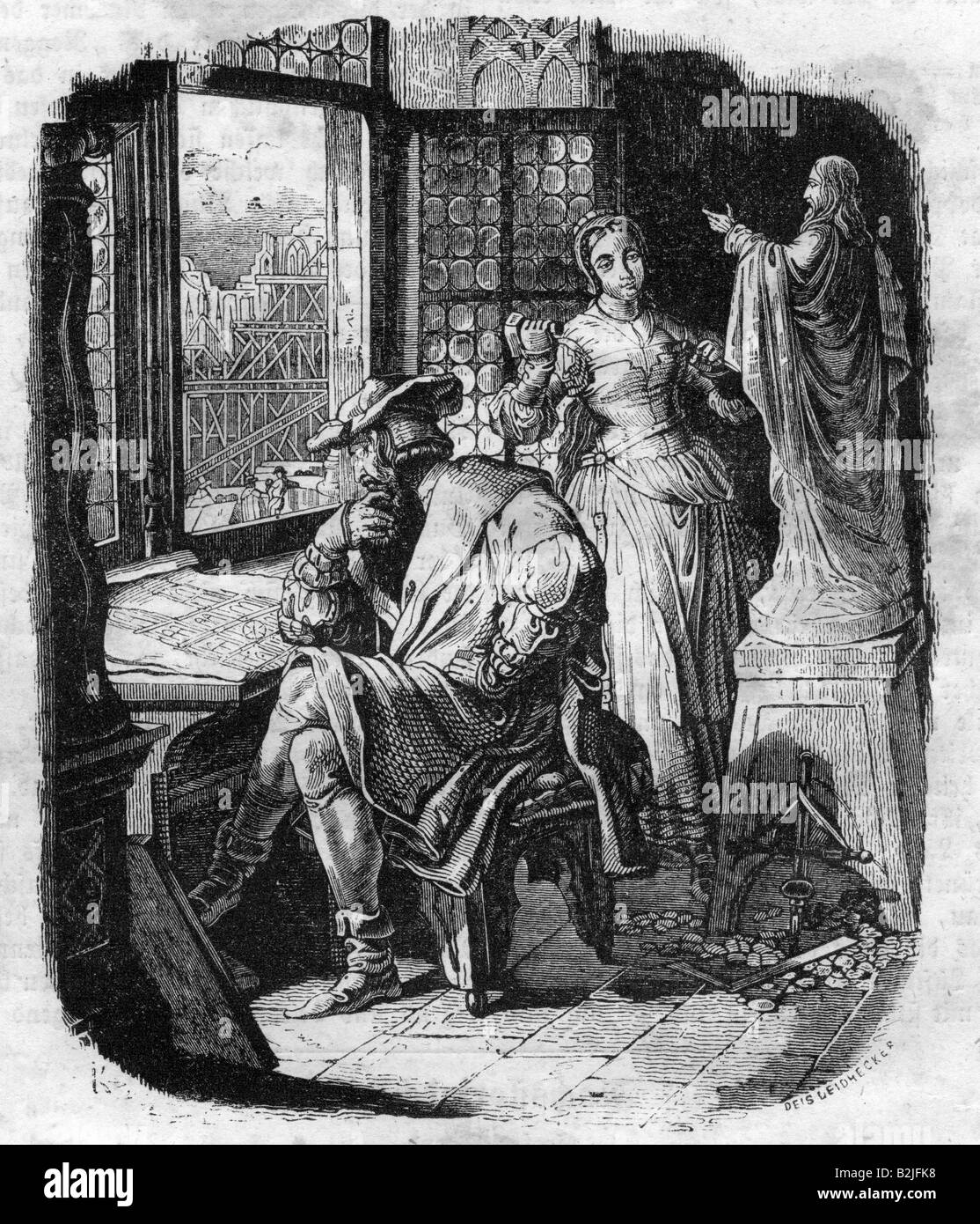 Erwin von Steinbach, UM 1244 - 17.1.1318, architecte allemand, sur le bureau, gravure, 'Ilustrierte Zeitung für die Jugend', numéro 23, 4.6.1853, , Banque D'Images