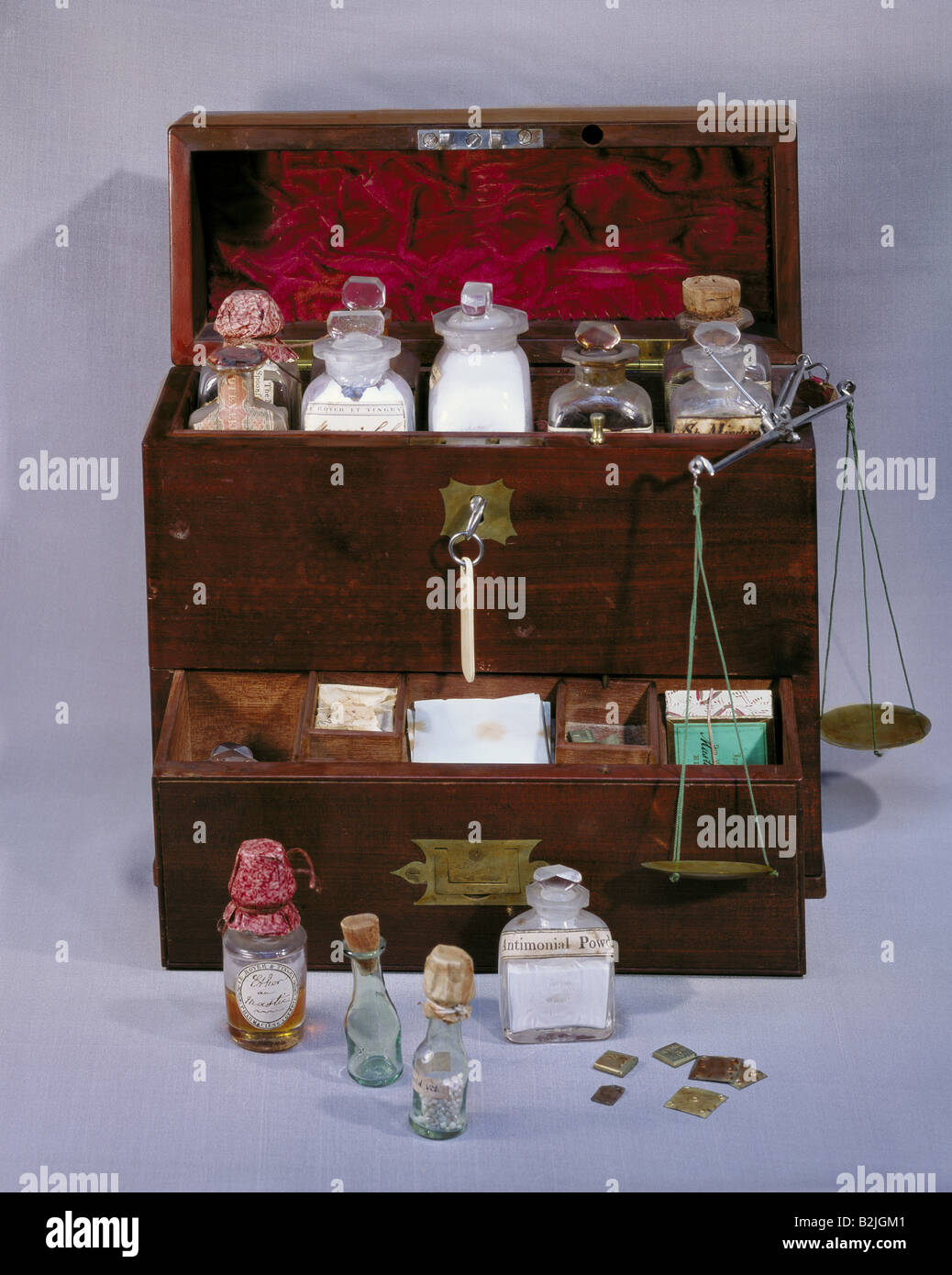Médecine, pharmacie, pharmacie Cabinet pour voyager, acajou, ferrures de laiton, 24,5 cm x 22,8 cm, début du XIXe siècle, Musée historique de pharmacie, Bâle, bois, Suisse, balances, pèse-personne, balises, flacons, flacons, tiroir, santé, historique, pharmacies, jouney, voyages, boîte, coffre, Banque D'Images