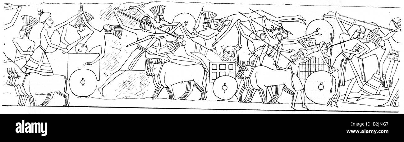 Géographie/voyage, Egypte, militaire, lutte contre le Peuple de la mer, attaque sur un train de wagon, gravure de bois après soulagement, temple de Ramesses III (vers 1184 - 1153 av. J.-C., 20ème dynastie), Medinet Habu, guerre, soldats, bataille, wagons, antiquité du monde ancien, historique, monde ancien, Banque D'Images