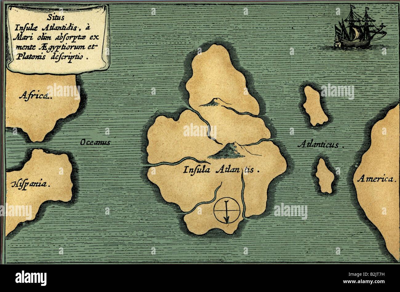 Cartographie, cartes, Atlantide, gravure de cuivre, 'mundus Subterraneus' par Athanasius Kircher, Amsterdam, 1665, plus tard coloré, , Banque D'Images