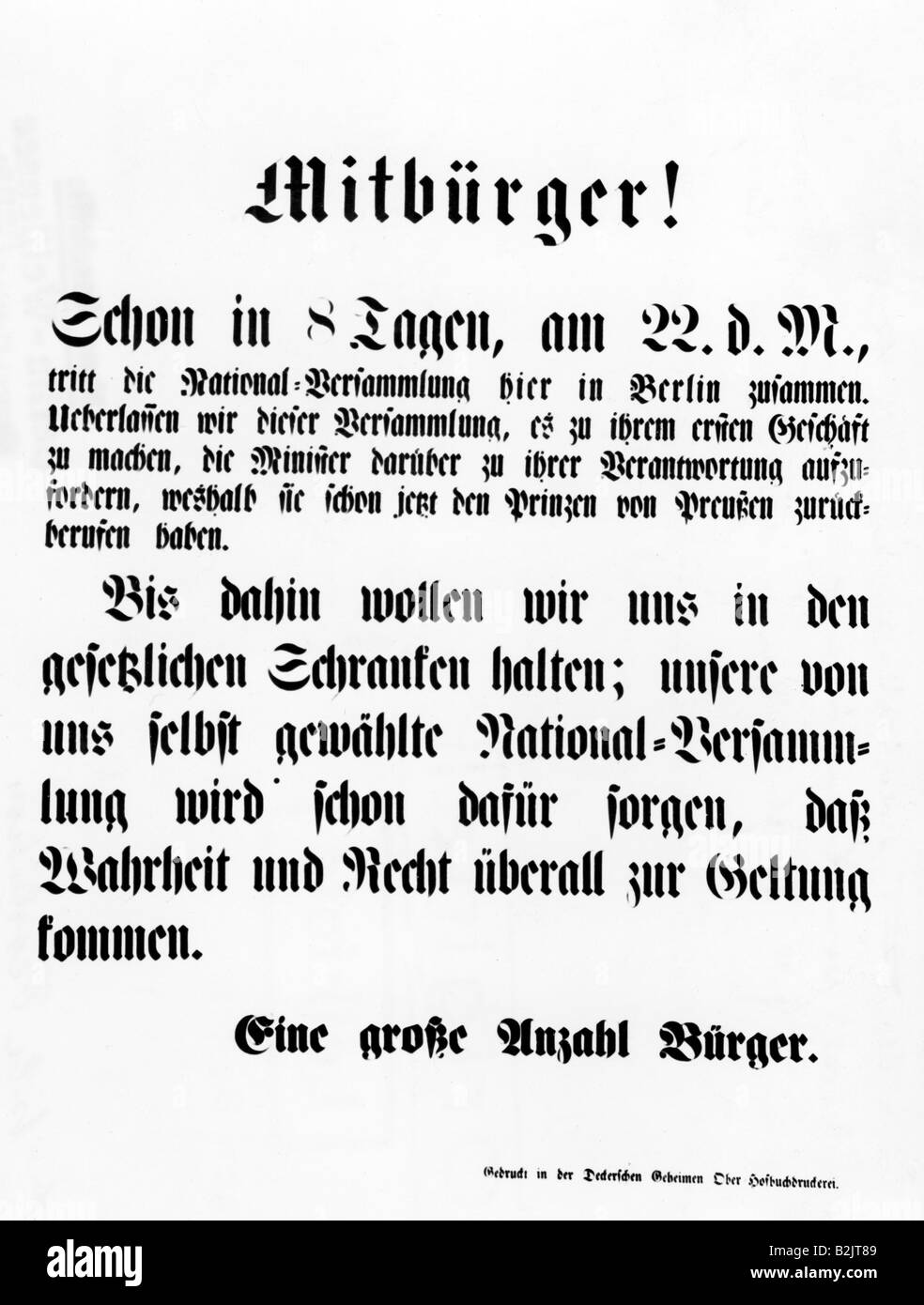 Événements, révolutions 1848 - 1849, Allemagne, Prusse, affiche, annonce de la restitution de l'Assemblée nationale prussienne le 22.5.1848, Berlin, 14.5.1848, parlement, révolution, XIXe siècle, historique, historique, Banque D'Images