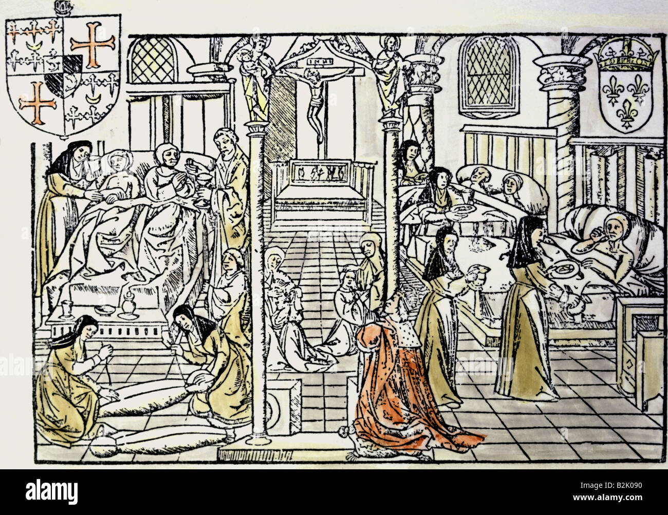 Médecine, épedemics, victimes de peste à l'hôpital, illustration de la lettre d'indulgence, à gauche: Couture de cadavre, Paris, vers 1490, Banque D'Images