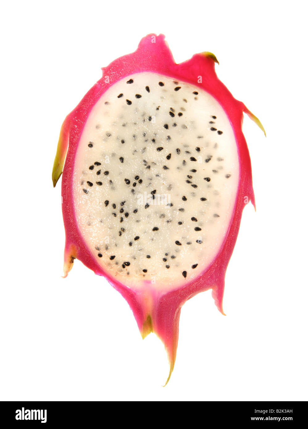 Le pitaya coupé en tranches de fruits coupe Fraise Poire Colombie dragonfruit fruit du dragon pink transparent pinky a souligné les points seed Banque D'Images