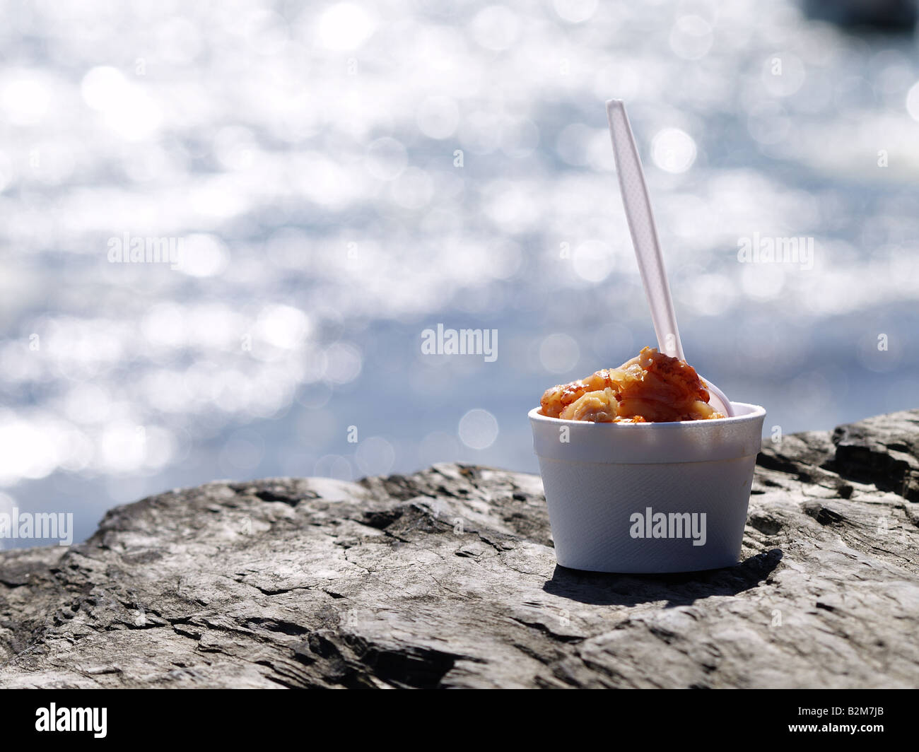 Snack en bord de queues d'écrevisses au chili doux, dans un récipient en polystyrène et cuillère en plastique, sur un rocher avec la mer en arrière-plan Banque D'Images