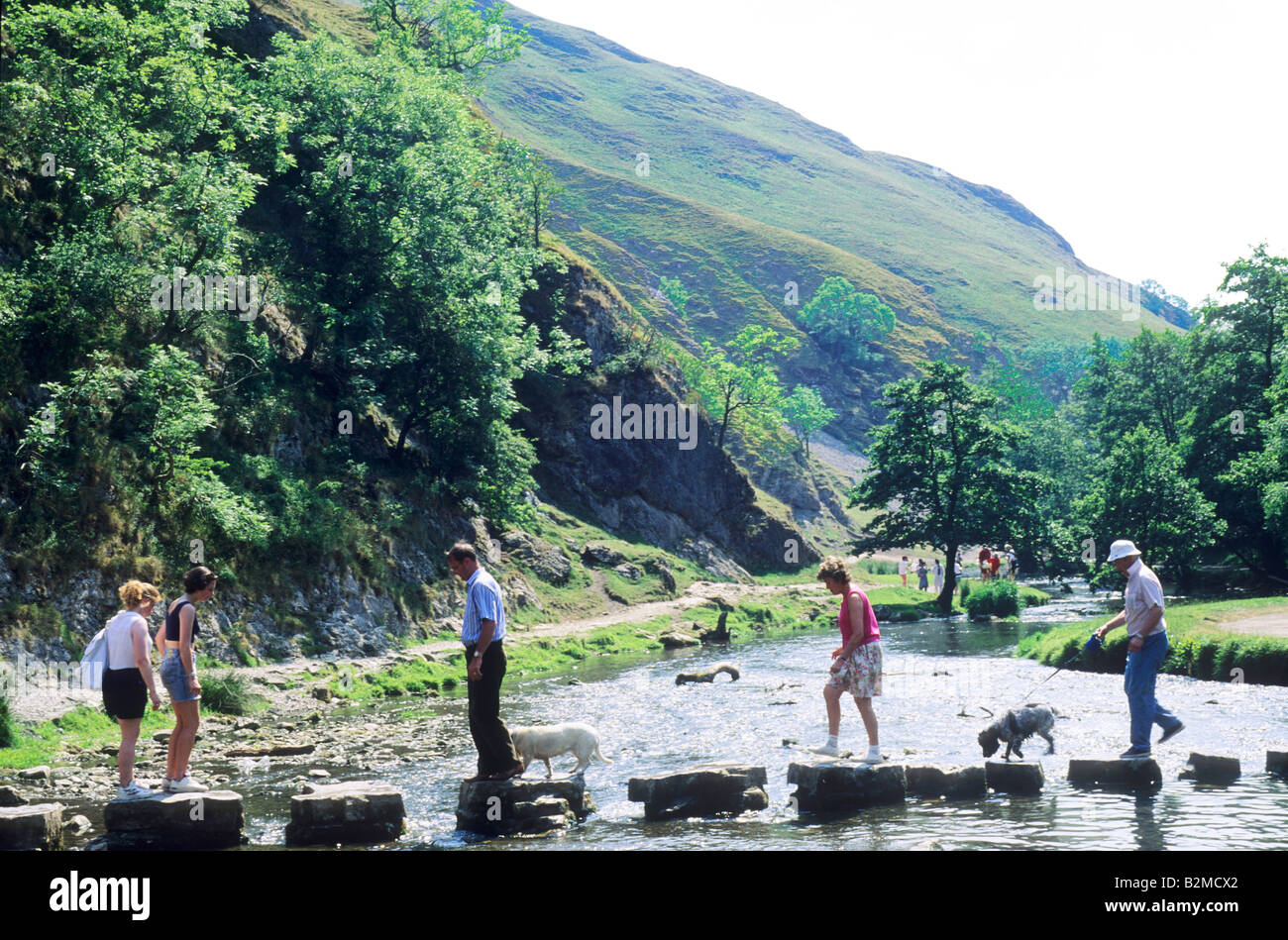 Les gens Stepping Stones Dovedale Derbyshire Dales chiens rivière Dove England UK English valley paysage paysage Banque D'Images