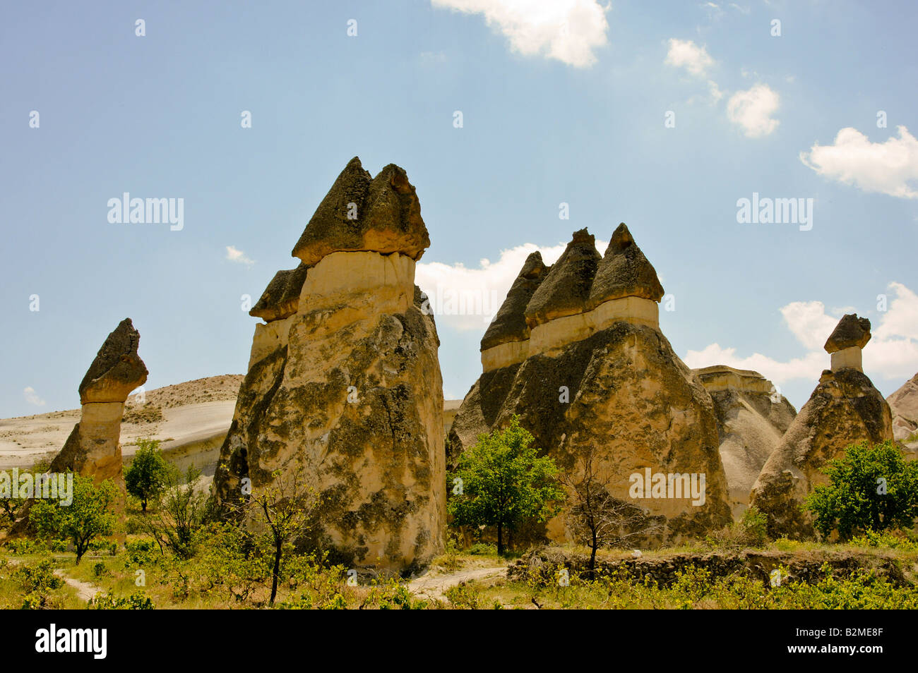 Une cheminée de fée est une formation de roche de forme conique, que l'on trouve généralement dans la région de Cappadoce en Turquie. Banque D'Images
