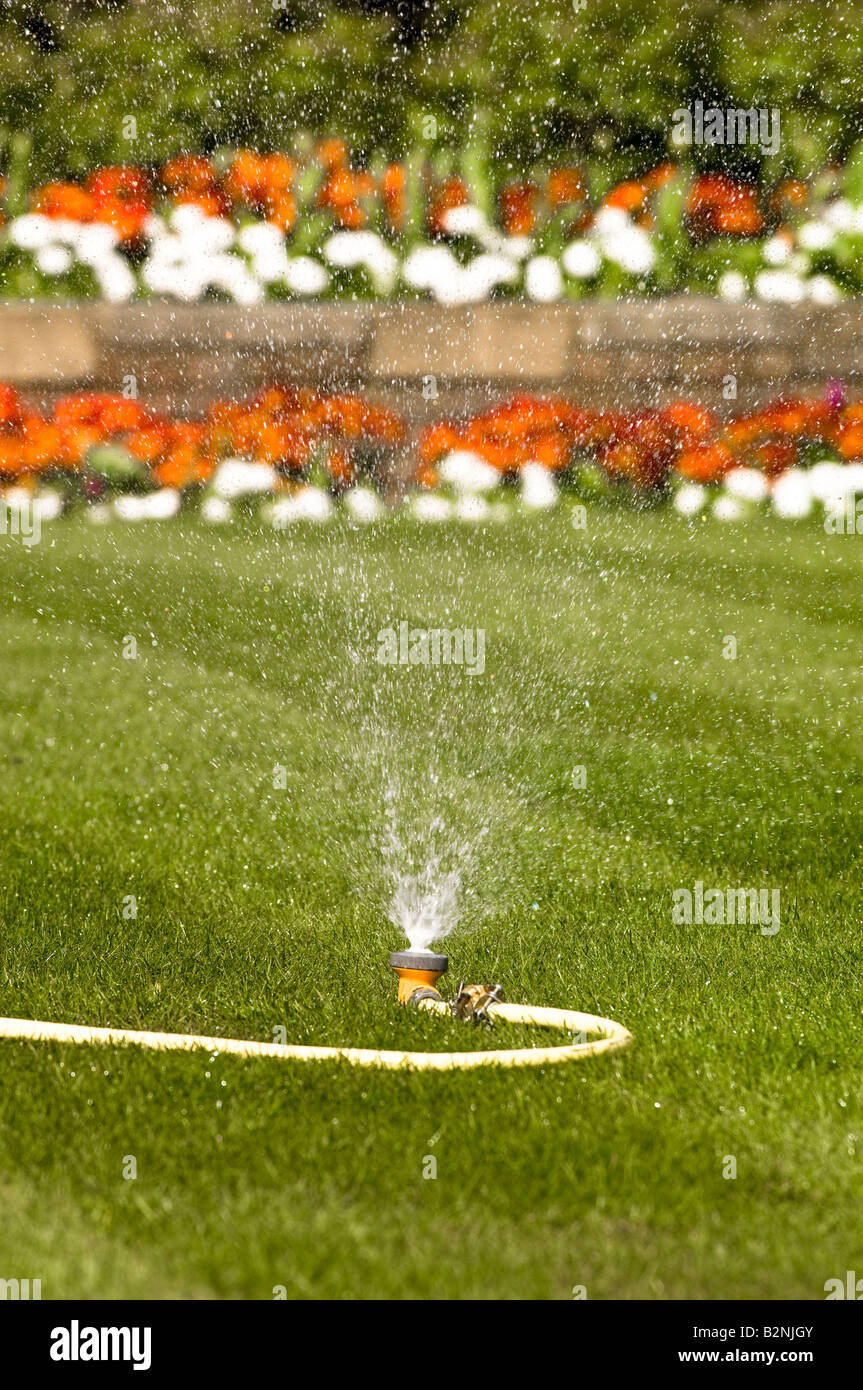 Gicleurs d'eau sur l'herbe verte dans un jardin sur la colline de Harrow Middlesex Royaume-Uni Banque D'Images