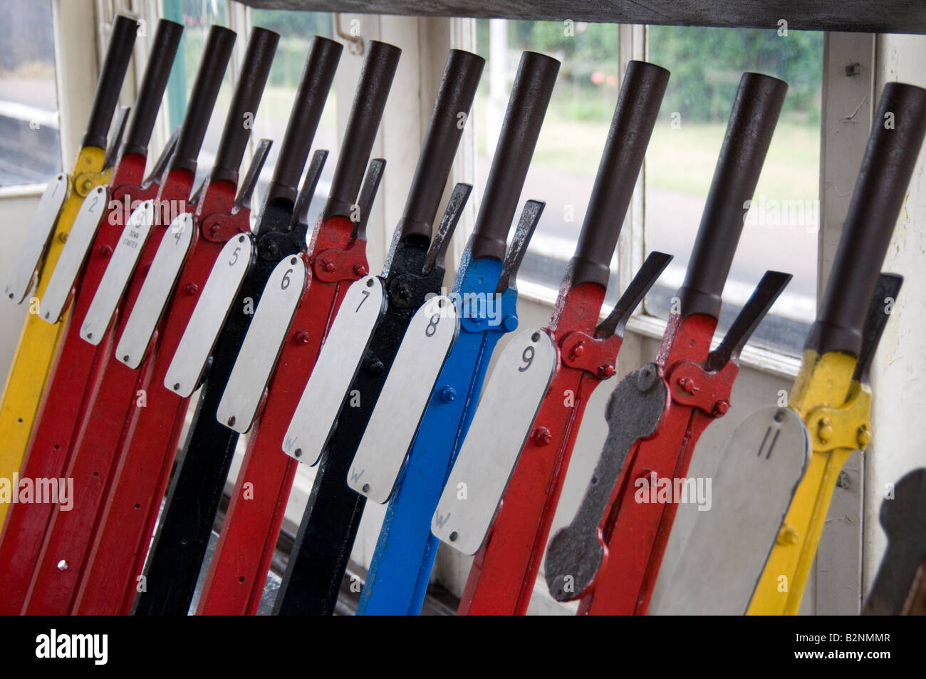 Les leviers de commande du signal dans le signal fort à Sheringham de Norfolk en Angleterre Banque D'Images