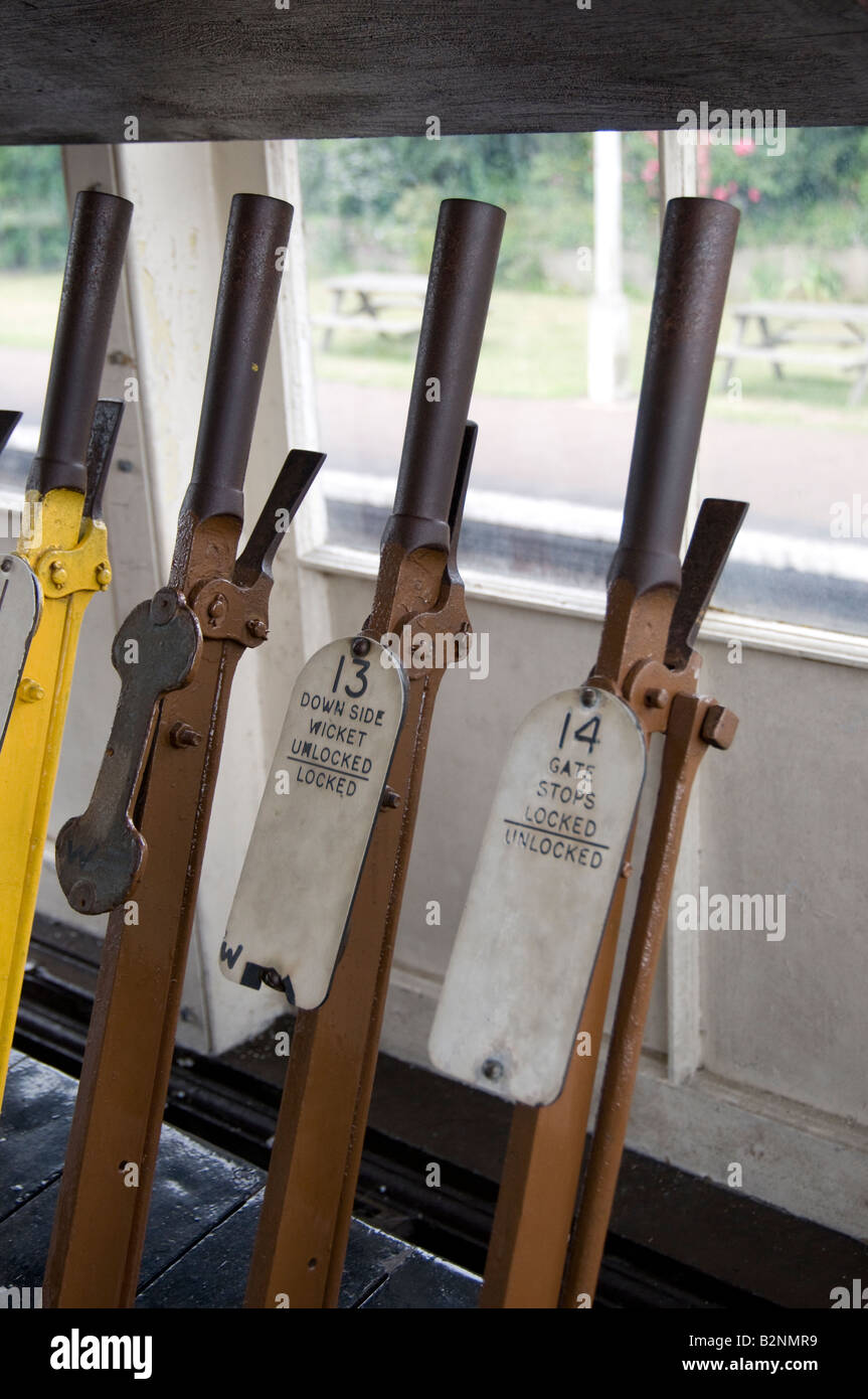 Les leviers de commande du signal dans le signal fort à Sheringham de Norfolk en Angleterre Banque D'Images