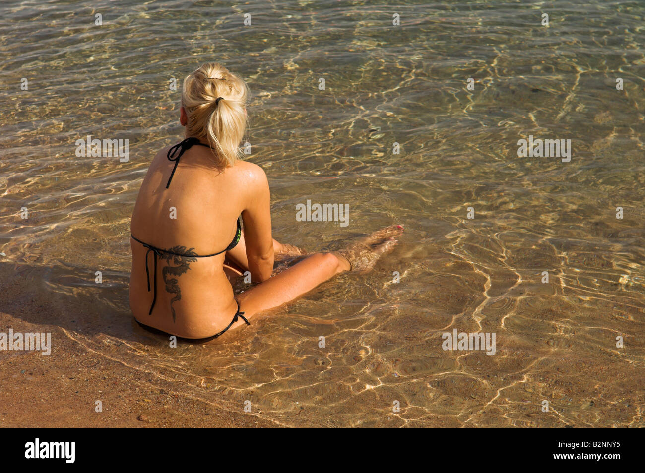 Femme assise dans l'eau sur la plage Naama Bay Sharm el Sheikh Sinai Egypte soleil Décembre Banque D'Images