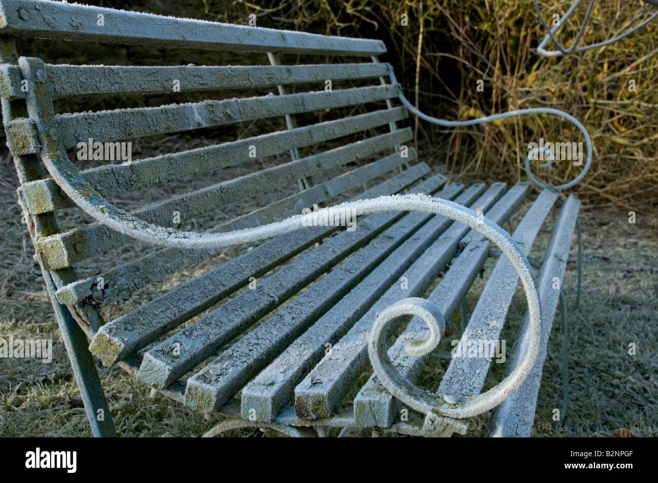 Banc de jardin couvert de givre en hiver Banque D'Images