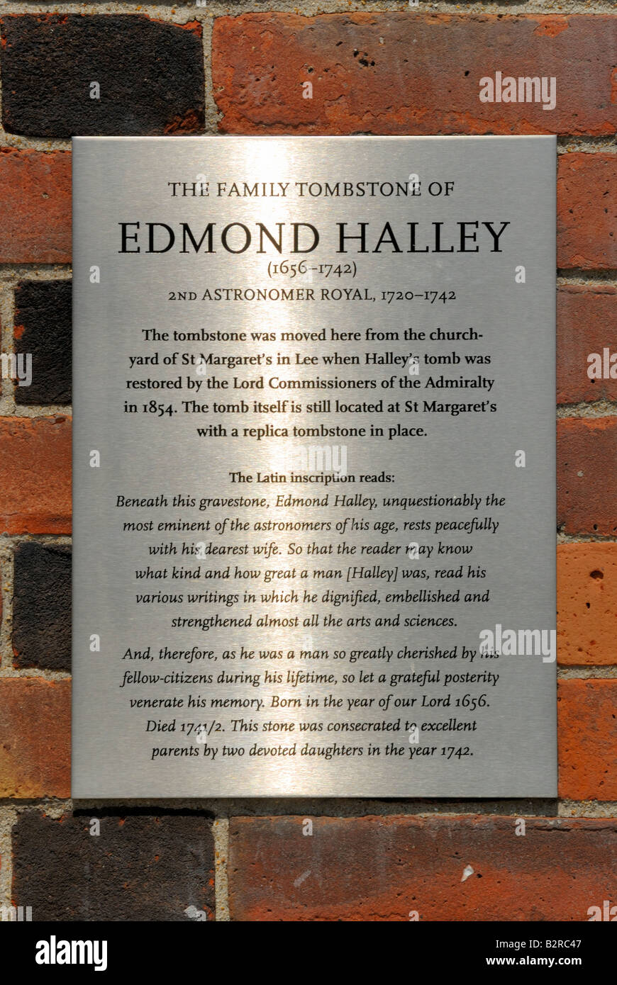 Plaque commémorative à Edmond Halley, Observatoire Royal de Greenwich, Banque D'Images