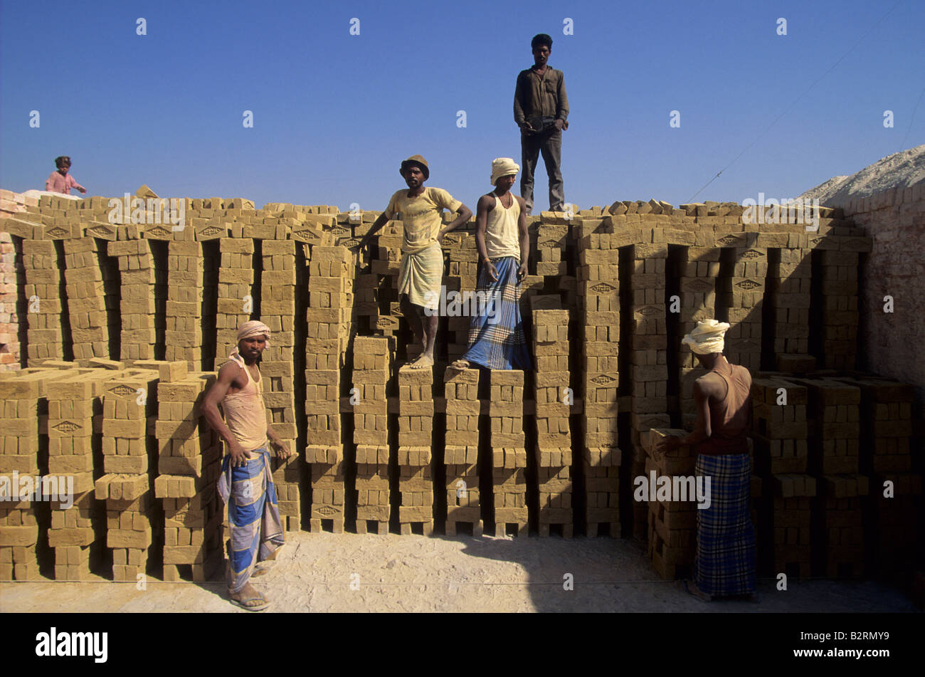 Les travailleurs indiens de brique d'argile non cuite de la pile à une briqueterie avant qu'ils sont licenciés dans l'Uttar Pradesh, Inde Banque D'Images