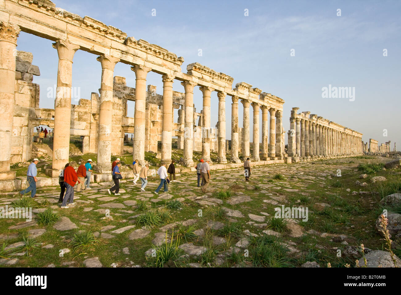 Les touristes à l'ouest les ruines romaines d'Apamée de Syrie Banque D'Images
