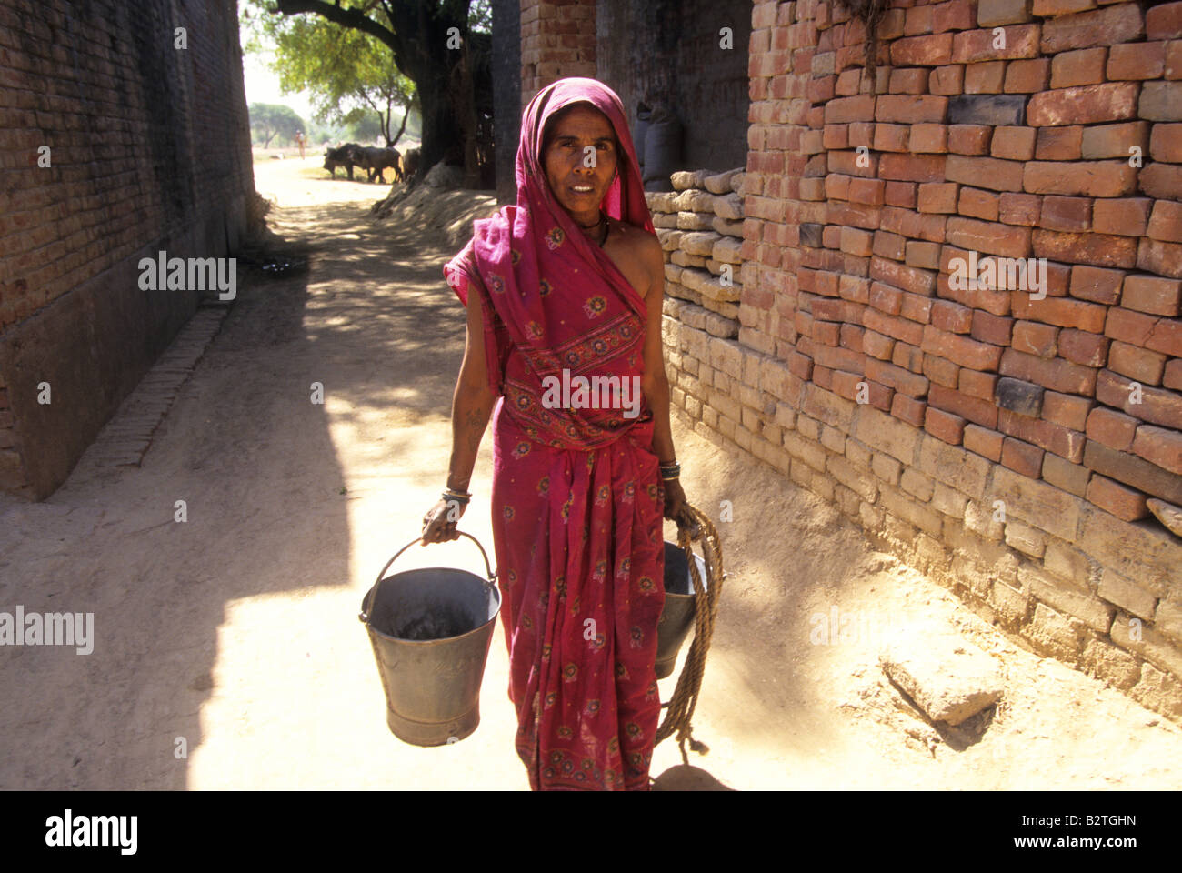 Une femme porte des seaux d'eau à travers un village de l'Uttar Pradesh, Inde du nord Banque D'Images
