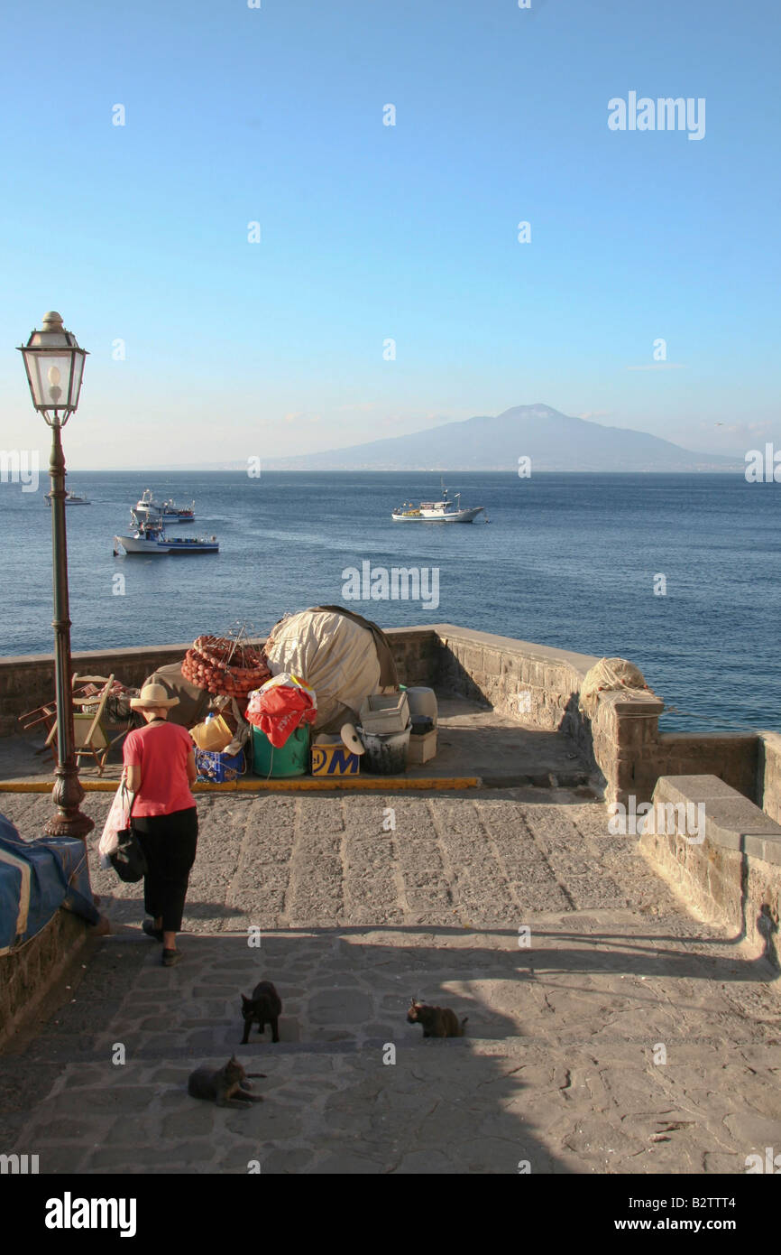 Fishermen's stuff, une dame et trois chats descendant à Marina Grande de Sorrente, le Vésuve est dans l'arrière-plan Banque D'Images