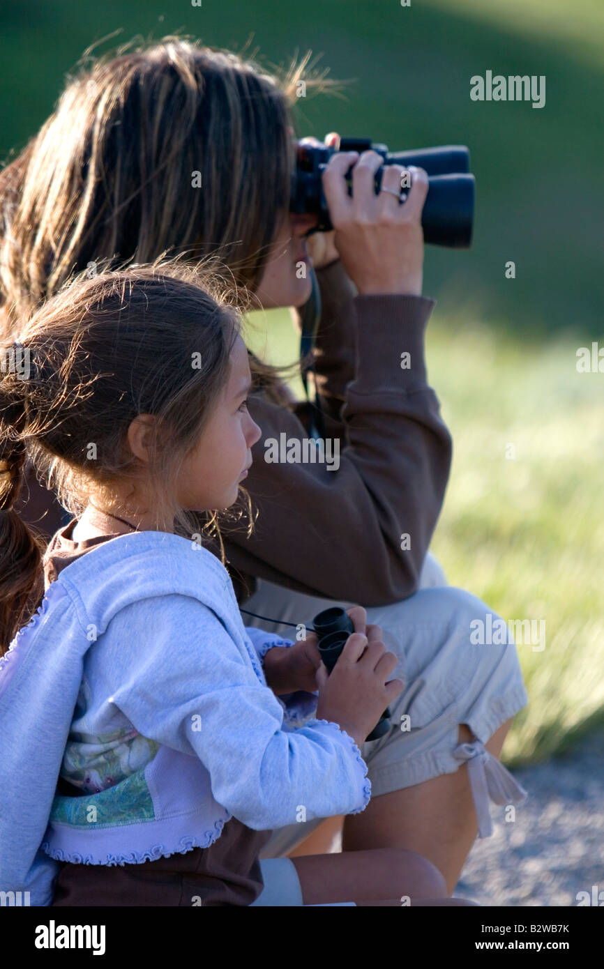 Hispanic family l'observation de la faune avec les jumelles dans le Parc National de Yellowstone au Wyoming Banque D'Images