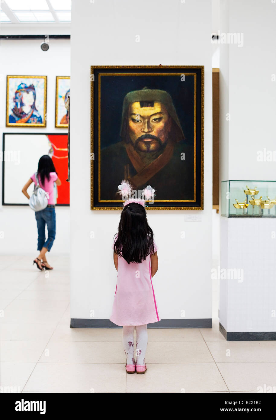 Affichage d'un enfant 1957 portrait de Gengis Khan par D Enkhtalvan, Ulaanbaatar, Mongolie, Asie Banque D'Images