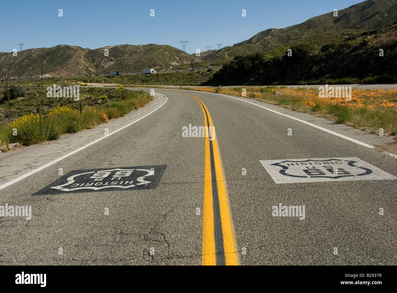 L'historique route 66 american road sign Los Angeles, CA, Californie, USA, cajon summit, cleghorn rd, l'autoroute 66 Banque D'Images