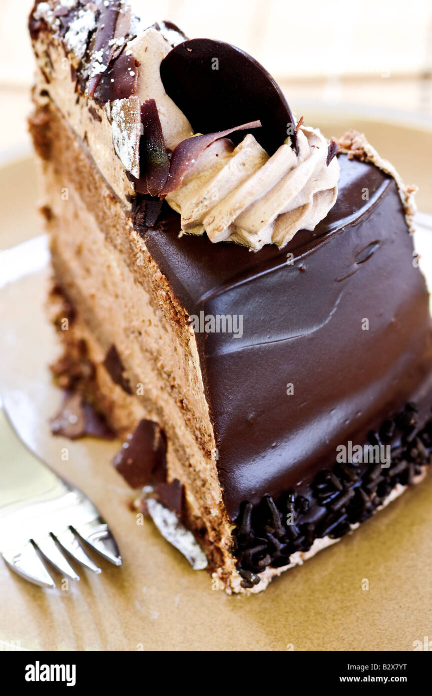 Tranche de gâteau mousse au chocolat servi sur un plateau Banque D'Images