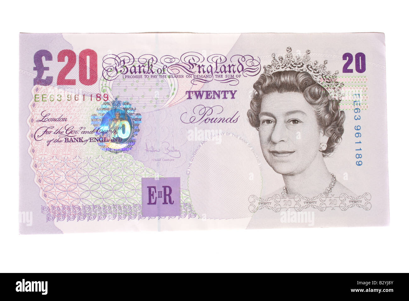 L'avant d'un billet de banque de 20 livres anglais. Banque D'Images